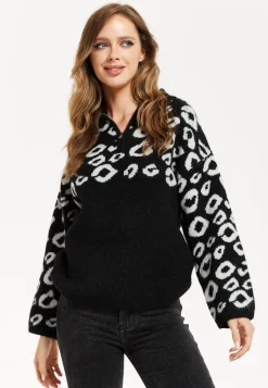Women's Jumper with Long Sleeves and Front Zip, Black and White Jacquard Animal Pattern, by Liquorish