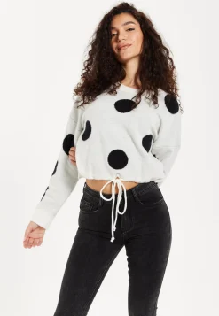 Women's Jumper with Long Sleeves, Waist Tie, Contrast Neckline & Cuffs - White with Black Polka Dots by Liquorish