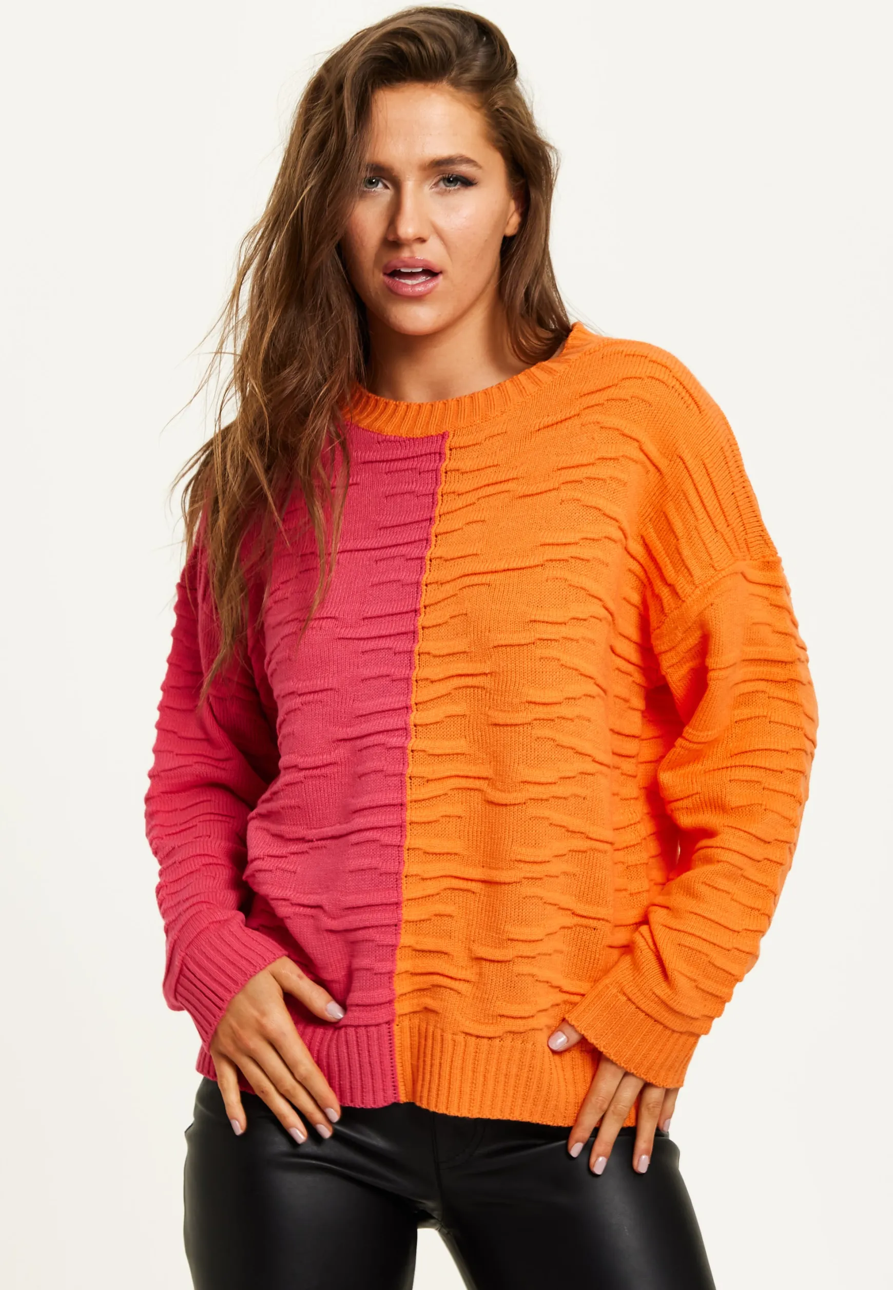 Women's Jumper with Long Sleeves in Vibrant Orange and Pink - Liquorish Colour Block Design for Comfort and Style