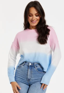 Women's Jumper with Long Sleeves in Ombre Pink, White, and Blue - Soft and Cozy Regular Fit Design