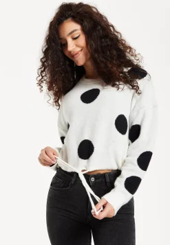 Women's Jumper with Long Sleeves, Waist Tie, Contrast Neckline & Cuffs - White with Black Polka Dots by Liquorish