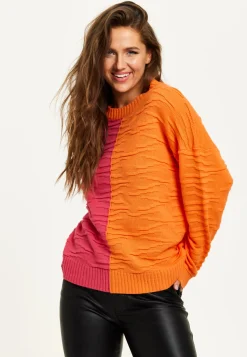 Women's Jumper with Long Sleeves in Vibrant Orange and Pink - Liquorish Colour Block Design for Comfort and Style