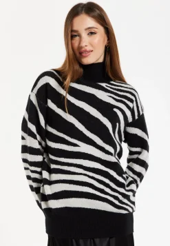 Women's Jumper with Long Sleeves in Mono Zebra Pattern - High Neck Design for Warmth and Comfort, Liquorish