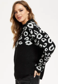 Women's Jumper with Long Sleeves and Front Zip, Black and White Jacquard Animal Pattern, by Liquorish