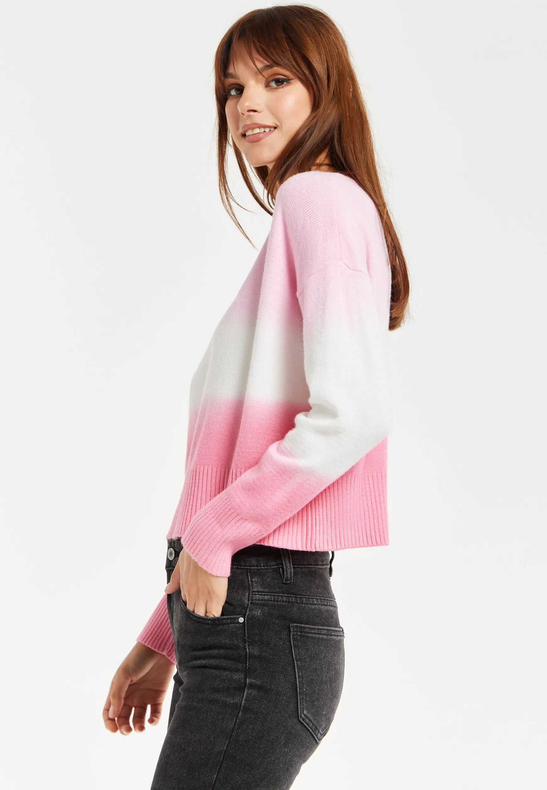 Women's Jumper with Long Sleeves in Chic Pink and White Ombre Design - Perfectly Stylish and Comfortable