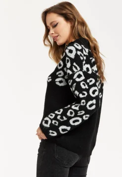 Women's Jumper with Long Sleeves and Front Zip, Black and White Jacquard Animal Pattern, by Liquorish