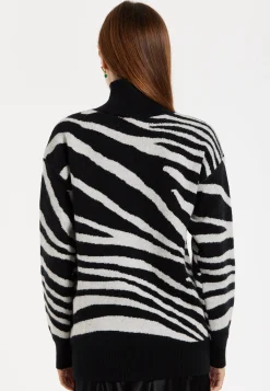Women's Jumper with Long Sleeves in Mono Zebra Pattern - High Neck Design for Warmth and Comfort, Liquorish