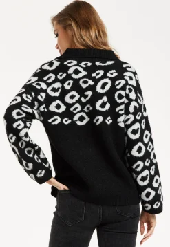 Women's Jumper with Long Sleeves and Front Zip, Black and White Jacquard Animal Pattern, by Liquorish