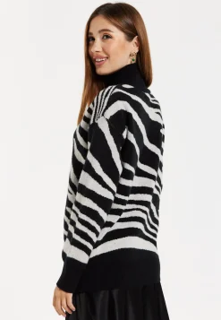 Women's Jumper with Long Sleeves in Mono Zebra Pattern - High Neck Design for Warmth and Comfort, Liquorish