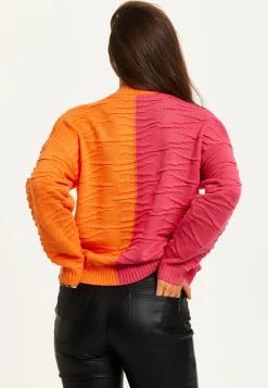 Women's Jumper with Long Sleeves in Vibrant Orange and Pink - Liquorish Colour Block Design for Comfort and Style