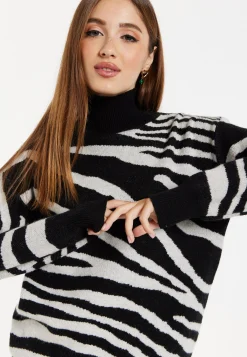 Women's Jumper with Long Sleeves in Mono Zebra Pattern - High Neck Design for Warmth and Comfort, Liquorish