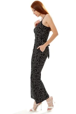 Women's Jumpsuit - Black Floral Print, Sleeveless, Crossover Front, Full Length, Wide Legs, Liquorish