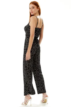 Women's Jumpsuit - Black Floral Print, Sleeveless, Crossover Front, Full Length, Wide Legs, Liquorish