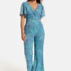 Women's Jumpsuit - Blue Animal Print, V Neck, Knot Front, Short Sleeves, Regular Fit, Liquorish