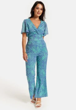 Women's Jumpsuit - Blue Animal Print, V Neck, Knot Front, Short Sleeves, Regular Fit, Liquorish