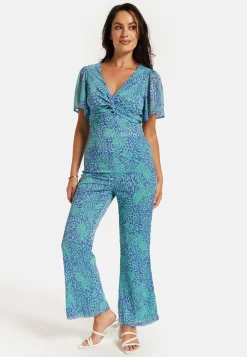 Women's Jumpsuit - Blue Animal Print, V Neck, Knot Front, Short Sleeves, Regular Fit, Liquorish