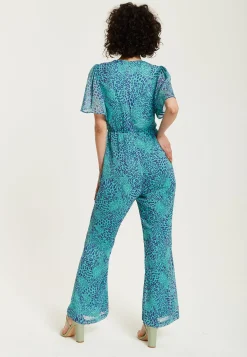 Women's Jumpsuit - Blue Animal Print, V Neck, Knot Front, Short Sleeves, Regular Fit, Liquorish
