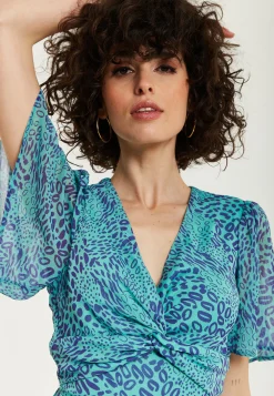 Women's Jumpsuit - Blue Animal Print, V Neck, Knot Front, Short Sleeves, Regular Fit, Liquorish