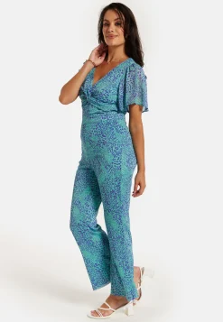 Women's Jumpsuit - Blue Animal Print, V Neck, Knot Front, Short Sleeves, Regular Fit, Liquorish