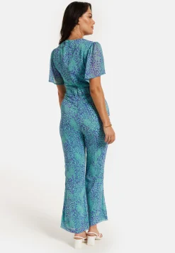 Women's Jumpsuit - Blue Animal Print, V Neck, Knot Front, Short Sleeves, Regular Fit, Liquorish