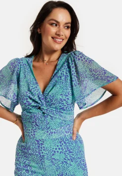 Women's Jumpsuit - Blue Animal Print, V Neck, Knot Front, Short Sleeves, Regular Fit, Liquorish