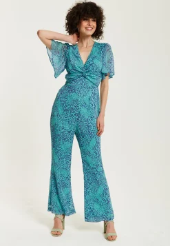 Women's Jumpsuit - Blue Animal Print, V Neck, Knot Front, Short Sleeves, Regular Fit, Liquorish