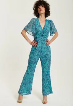 Women's Jumpsuit - Blue Animal Print, V Neck, Knot Front, Short Sleeves, Regular Fit, Liquorish