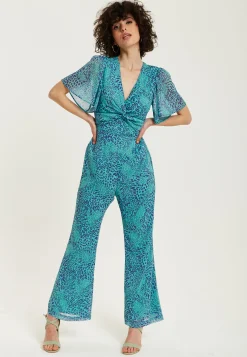 Women's Jumpsuit - Blue Animal Print, V Neck, Knot Front, Short Sleeves, Regular Fit, Liquorish
