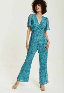 Women's Jumpsuit - Blue Animal Print, V Neck, Knot Front, Short Sleeves, Regular Fit, Liquorish