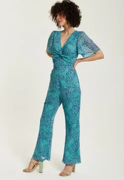 Women's Jumpsuit - Blue Animal Print, V Neck, Knot Front, Short Sleeves, Regular Fit, Liquorish