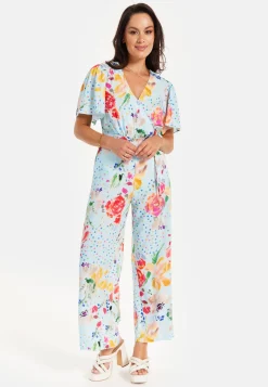 Women's Jumpsuit - Blue Floral Crossover V Neck with Tie Waist and Wide Legs - Liquorish