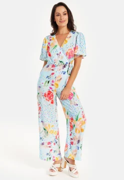 Women's Jumpsuit - Blue Floral Crossover V Neck with Tie Waist and Wide Legs - Liquorish
