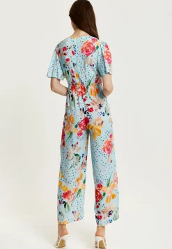 Women's Jumpsuit - Blue Floral Crossover V Neck with Tie Waist and Wide Legs - Liquorish