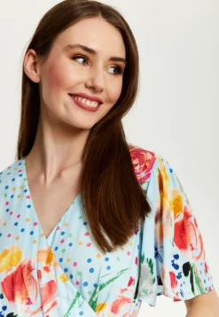 Women's Jumpsuit - Blue Floral Crossover V Neck with Tie Waist and Wide Legs - Liquorish