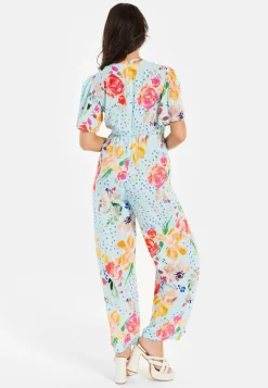 Women's Jumpsuit - Blue Floral Crossover V Neck with Tie Waist and Wide Legs - Liquorish