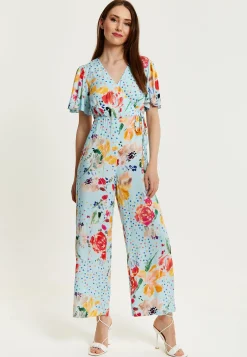 Women's Jumpsuit - Blue Floral Crossover V Neck with Tie Waist and Wide Legs - Liquorish