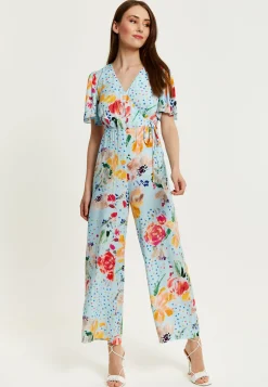 Women's Jumpsuit - Blue Floral Crossover V Neck with Tie Waist and Wide Legs - Liquorish