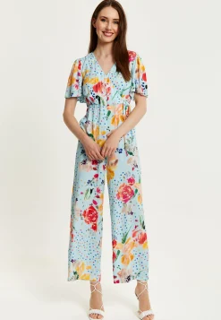 Women's Jumpsuit - Blue Floral Crossover V Neck with Tie Waist and Wide Legs - Liquorish