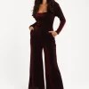 Women's Jumpsuit - Burgundy Cowl Neck, Full Length, Long Sleeves, Lurex Design, Perfect for Parties - Liquorish