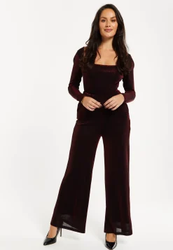 Women's Jumpsuit - Burgundy Cowl Neck, Full Length, Long Sleeves, Lurex Design, Perfect for Parties - Liquorish