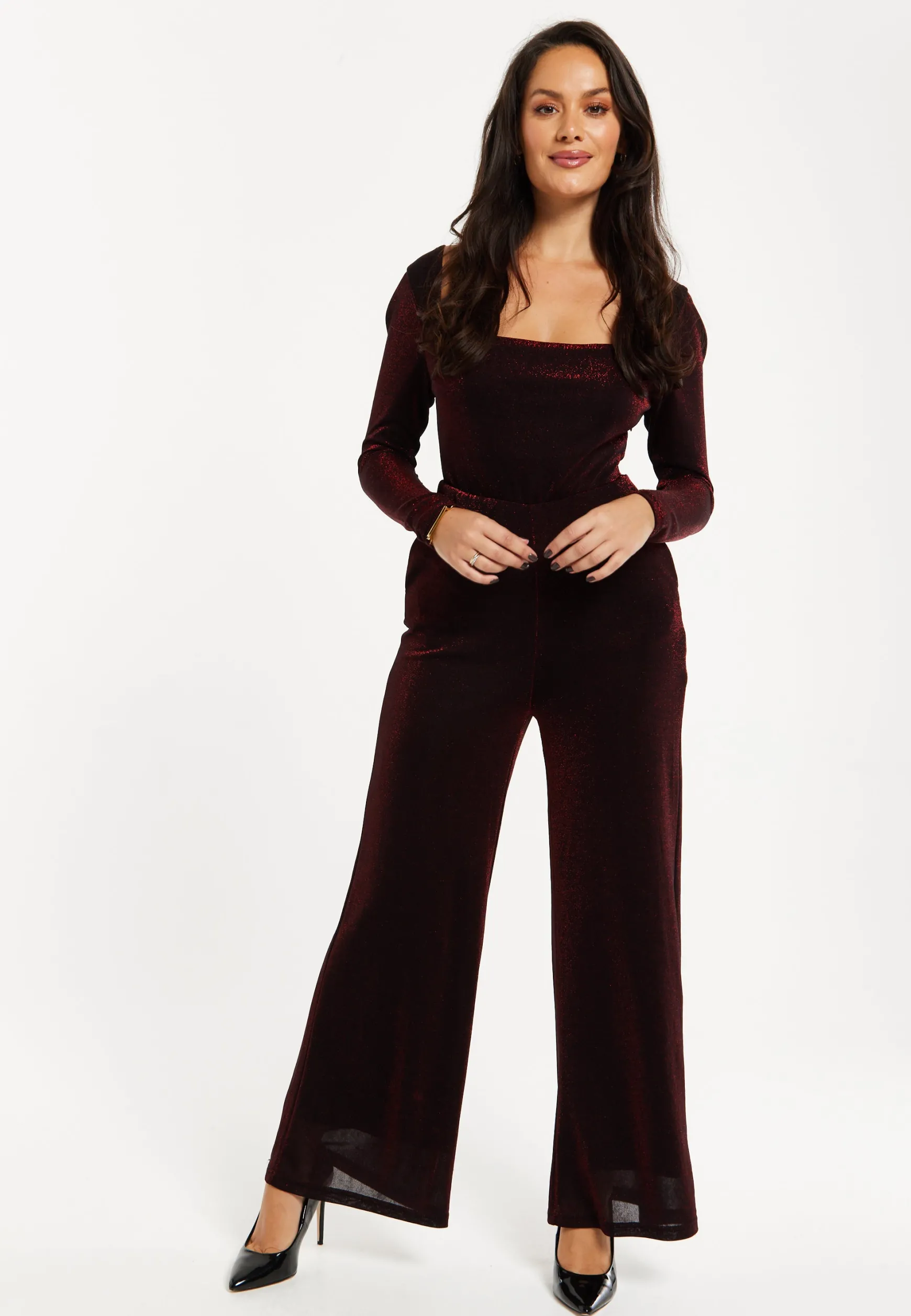 Women's Jumpsuit - Burgundy Cowl Neck, Full Length, Long Sleeves, Lurex Design, Perfect for Parties - Liquorish