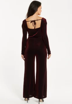 Women's Jumpsuit - Burgundy Cowl Neck, Full Length, Long Sleeves, Lurex Design, Perfect for Parties - Liquorish