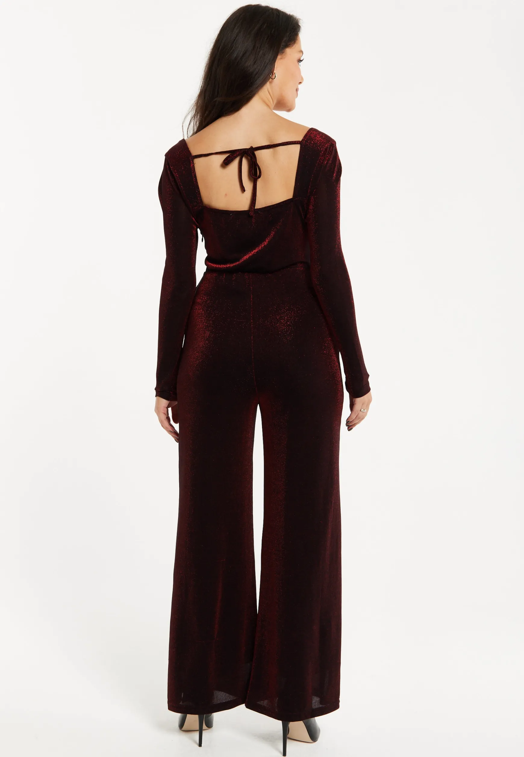 Women's Jumpsuit - Burgundy Cowl Neck, Full Length, Long Sleeves, Lurex Design, Perfect for Parties - Liquorish