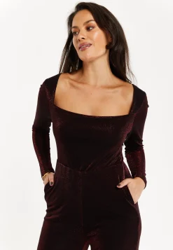 Women's Jumpsuit - Burgundy Cowl Neck, Full Length, Long Sleeves, Lurex Design, Perfect for Parties - Liquorish