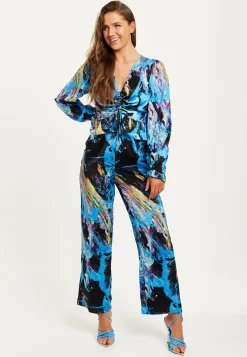 Women's Jumpsuit - Multicolour Abstract Print with Ruched Front, Long Sleeves, Wide Legs - Liquorish