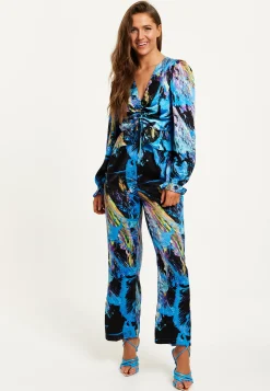 Women's Jumpsuit - Multicolour Abstract Print with Ruched Front, Long Sleeves, Wide Legs - Liquorish