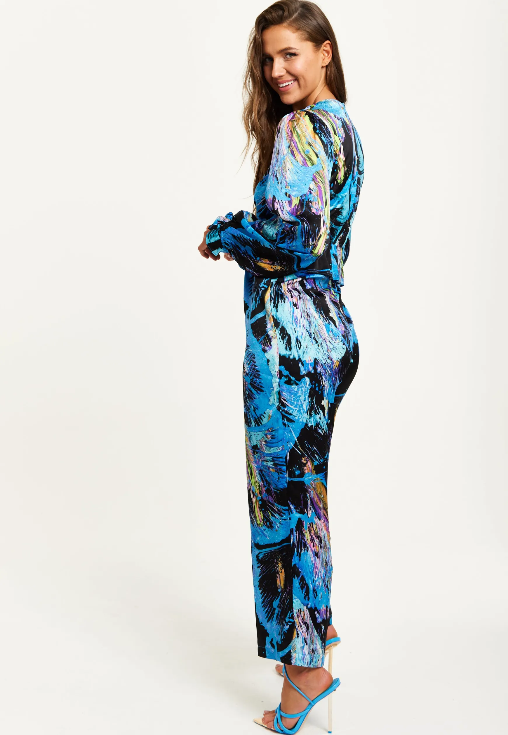 Women's Jumpsuit - Multicolour Abstract Print with Ruched Front, Long Sleeves, Wide Legs - Liquorish
