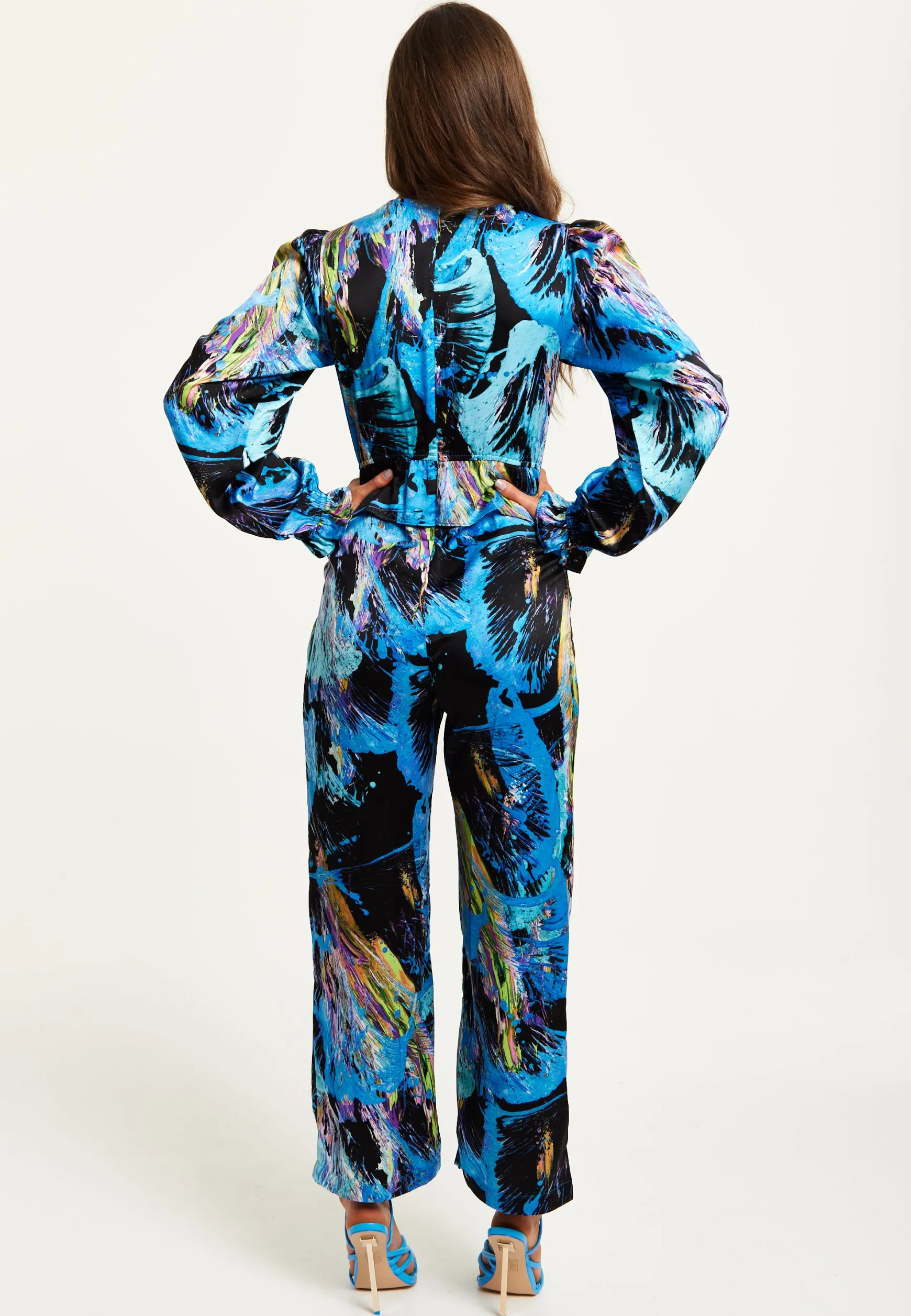 Women's Jumpsuit - Multicolour Abstract Print with Ruched Front, Long Sleeves, Wide Legs - Liquorish
