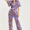 Women's Jumpsuit - Purple Floral Wide Leg with Angel Sleeves and Front Buttons by Liquorish