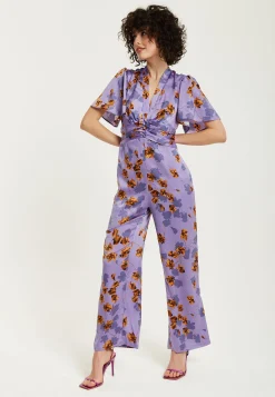 Women's Jumpsuit - Purple Floral Wide Leg with Angel Sleeves and Front Buttons by Liquorish